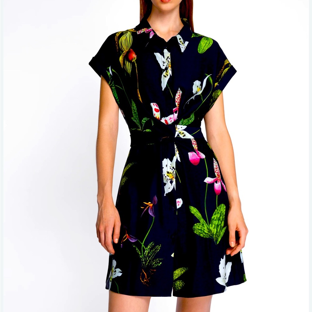 Saturday Club Navy Blue Tropical
Floral Shirt Dress L